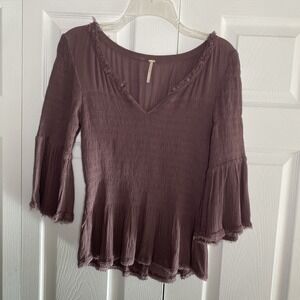 Free People Womens Small Purple Smocked V Neck Top Boho Festival